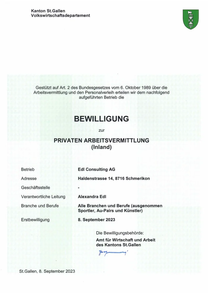 Employment placement permit – Edl Consulting AG