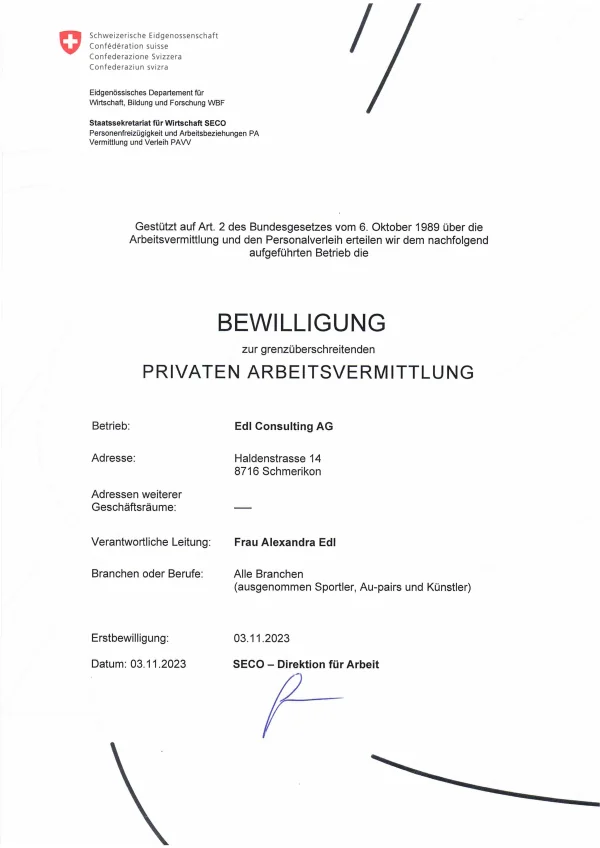 Employment placement permit – Edl Consulting AG